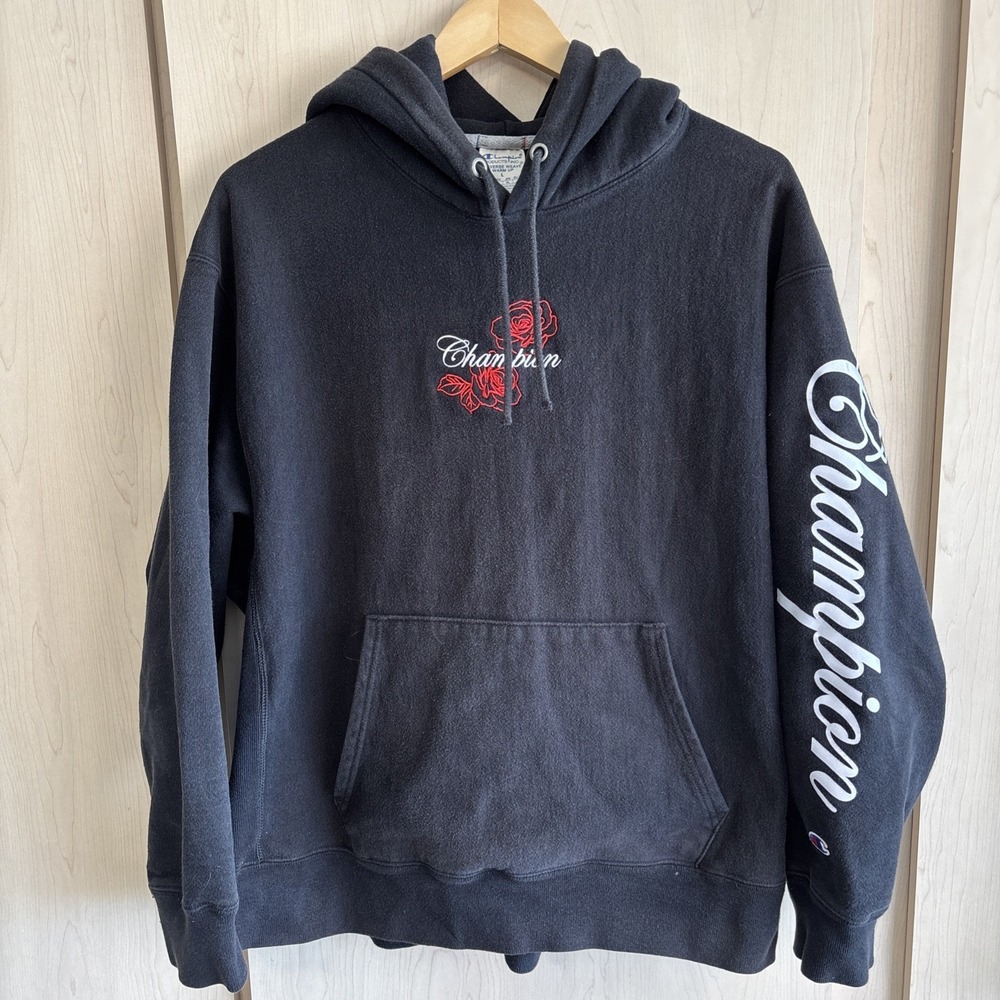 Champion Hoodie Mens Large Black Embroidered Logo Reverse Weave Sweatshirt‎